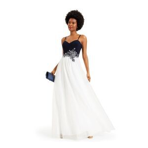 BLONDIE NITES Womens Navy Spaghetti Strap Full-Length Prom Fit + Flare Dress 11